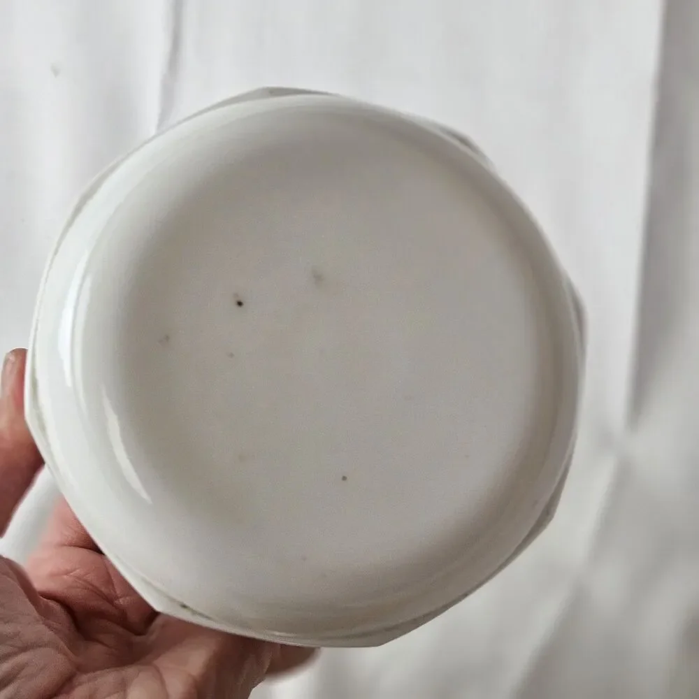 White Pagoda Milk Glass Fruit Bowl Planter Asian Motif Octagon Shape Mid-Century